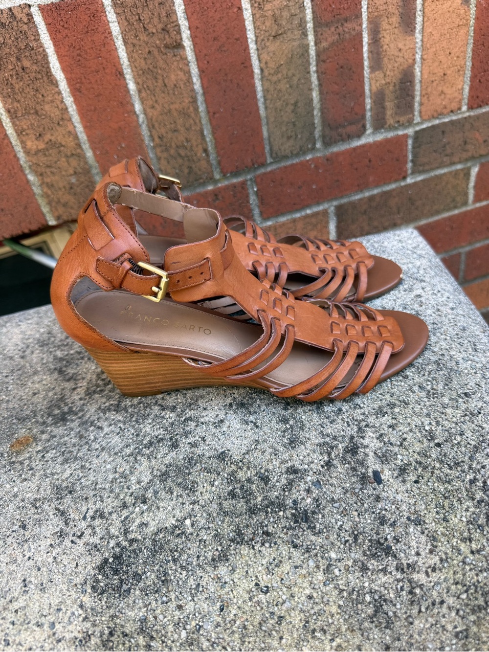 Franco Sarto Keller Brown Leather Woven Wedge Sandals Size 8
